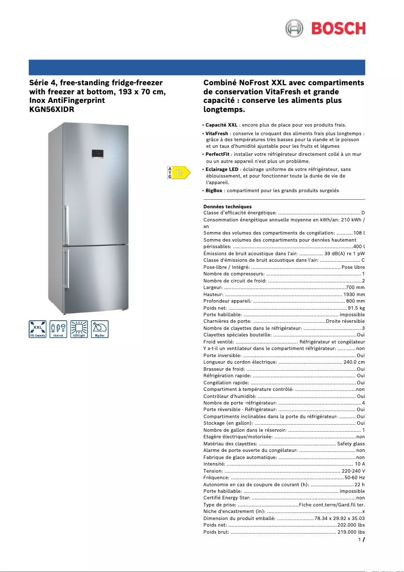Page n°1 - Fiche technique Bosch KGN56XIDR