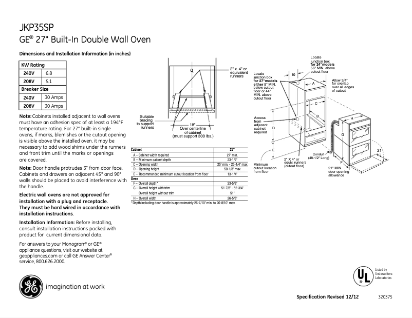 Página 1 del manual Ficha técnica GE JKP35SPSS