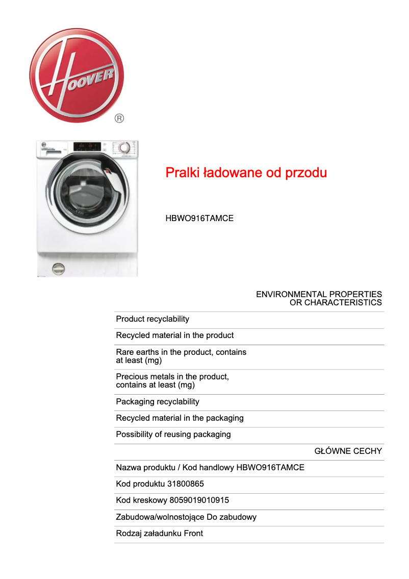 Page n°1 - Fiche technique Hoover HBWO916TAMCE
