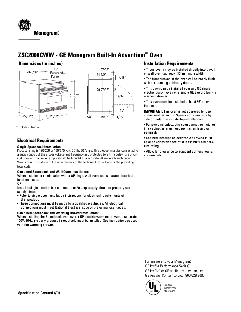 Page n°1 - Fiche technique GE ZSC2000CWW
