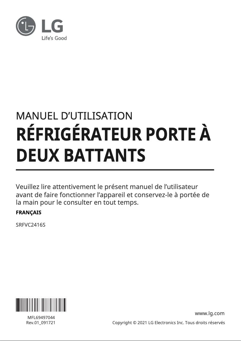 Page 1 de la notice Manuel utilisateur LG SRFVC2416S