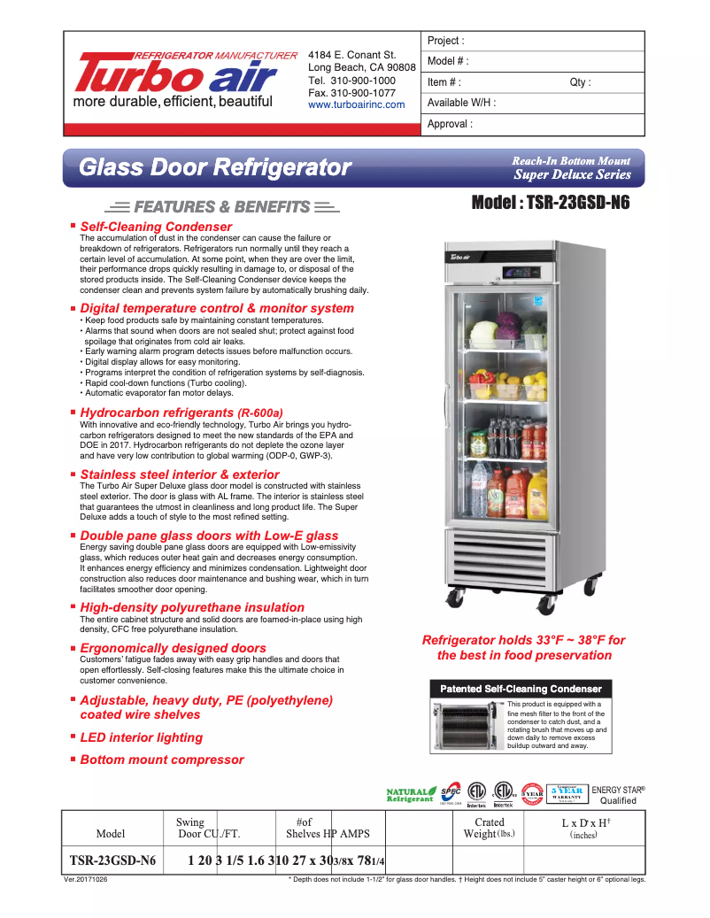 Page 1 de la notice Fiche technique Turbo air MSR-23G-1