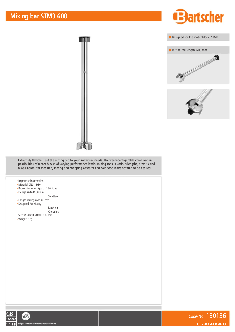 Page 1 de la notice Fiche technique Bartscher STM3 600