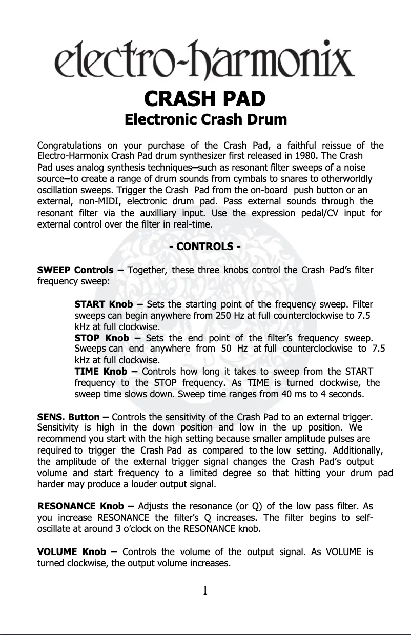 Page 1 de la notice Manuel utilisateur Electro Harmonix Crash Pad