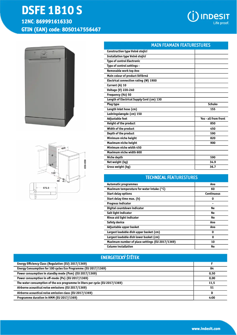 Page n°1 - Fiche technique Indesit DSFE 1B10 S