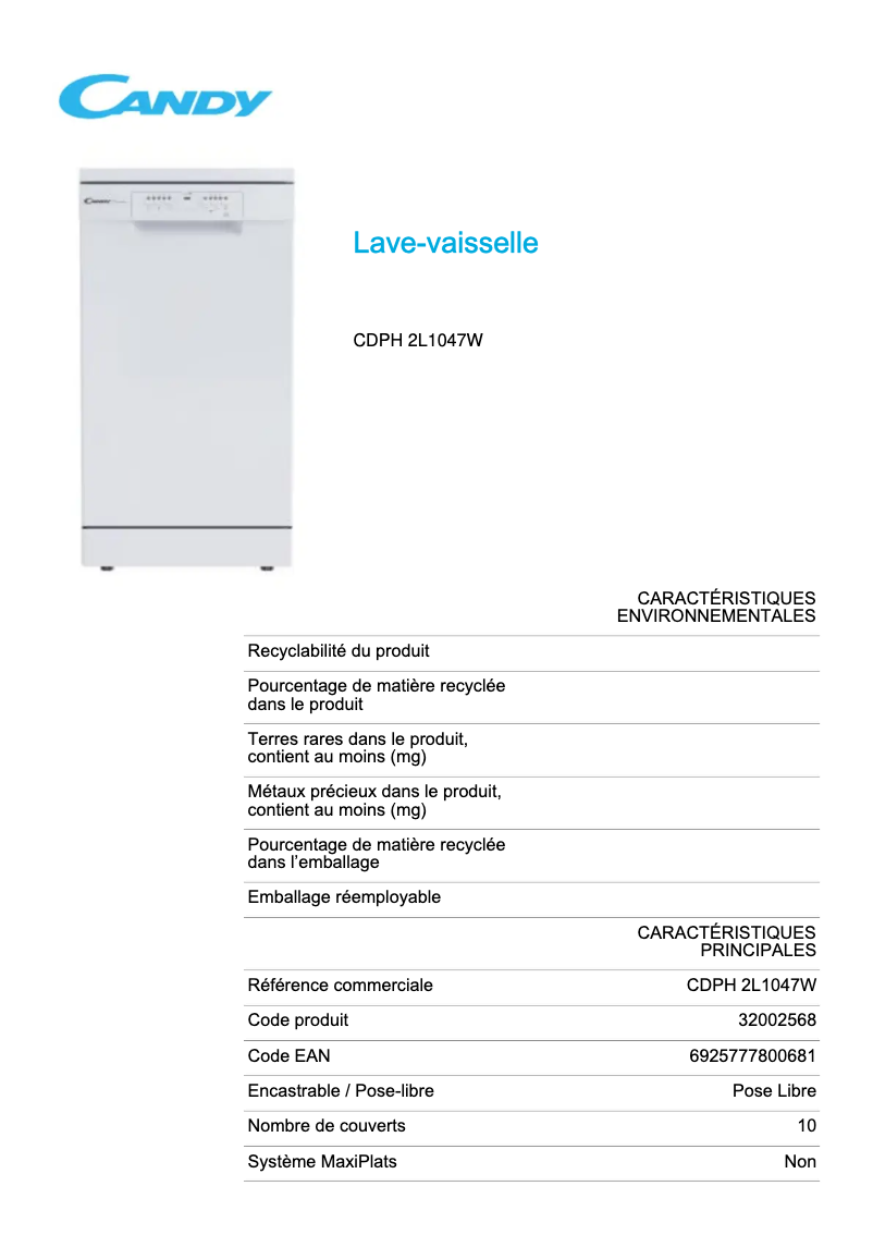 Page n°1 - Fiche technique Candy CDPH 2L1047W