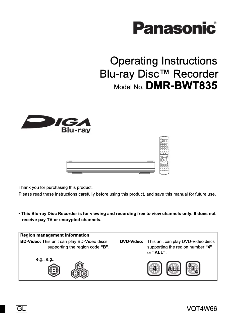 Imagen de la primera página del manual del dispositivo DMR-BWT835