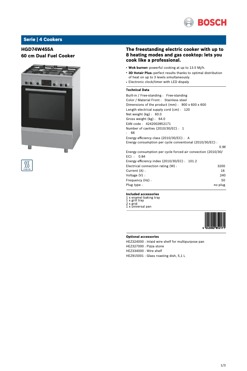 Página 1 del manual Ficha técnica Bosch HGD74W455A
