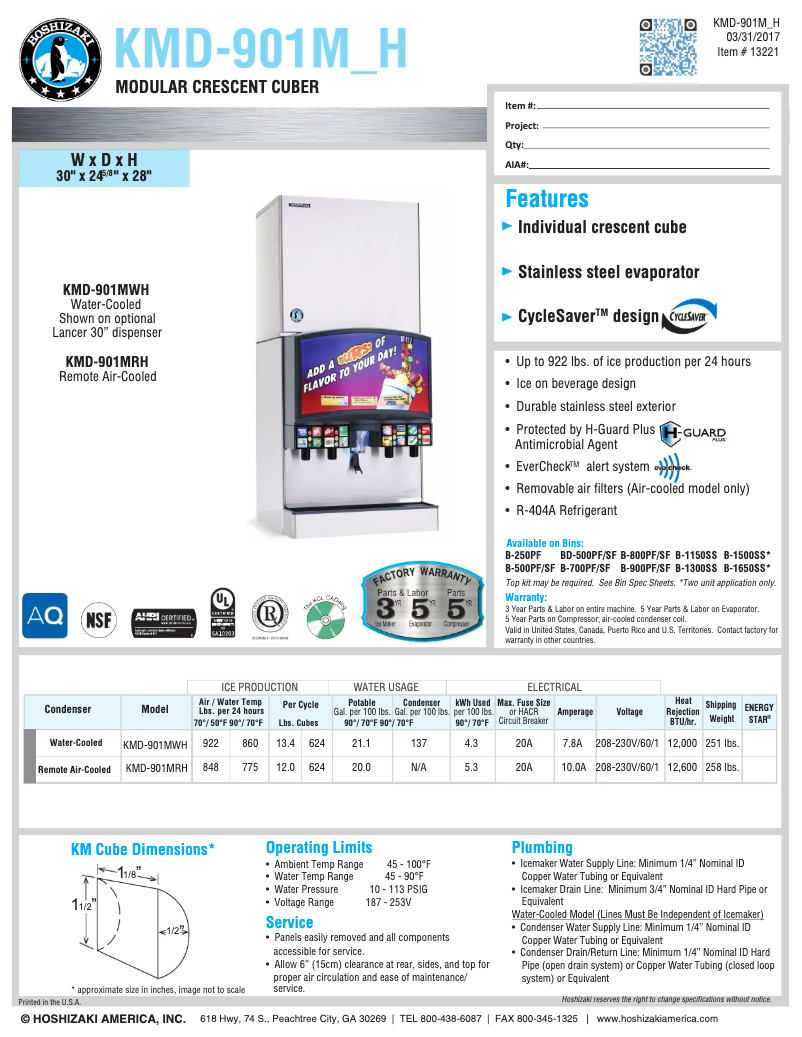 Página 1 del manual Ficha técnica Hoshizaki KMD-901MRH
