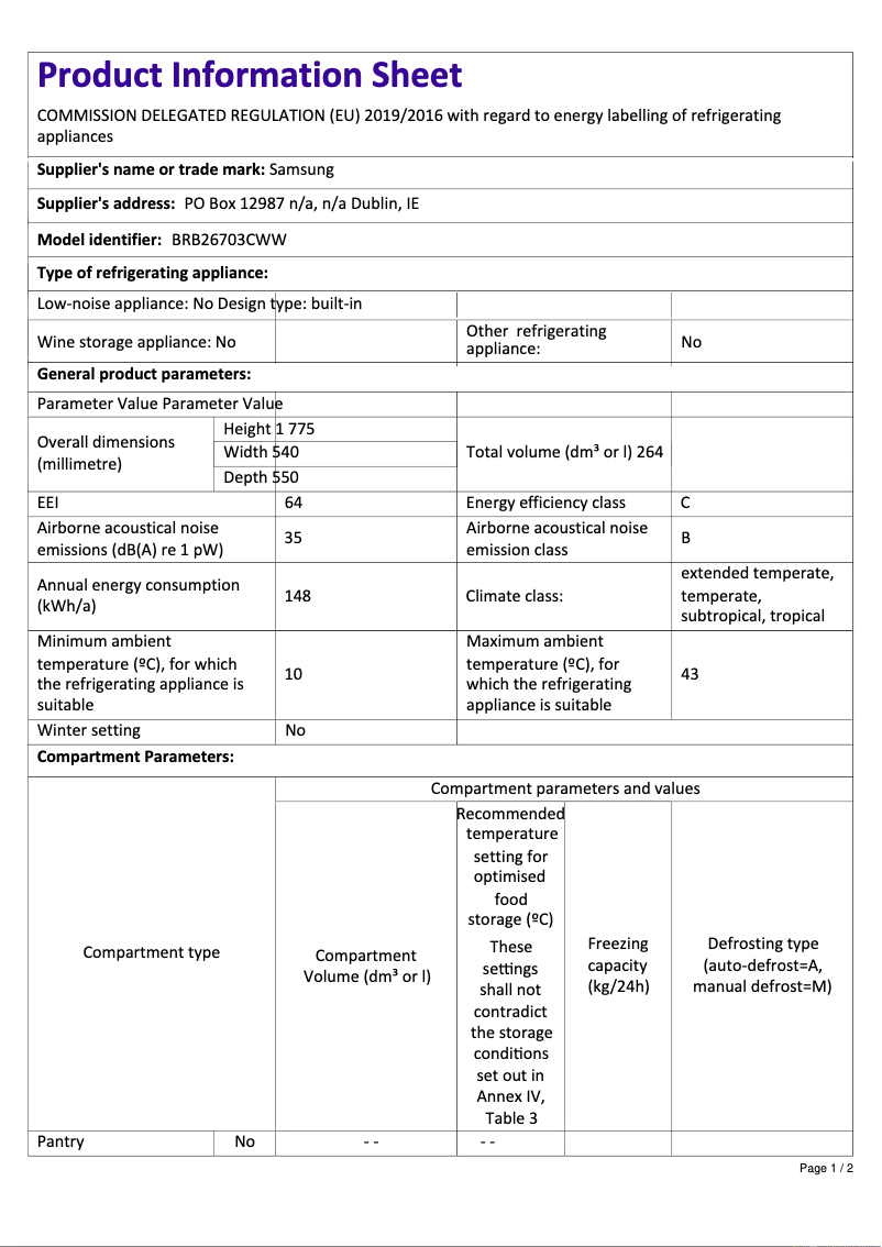 Page n°1 - Fiche technique Samsung BRB26703CWW