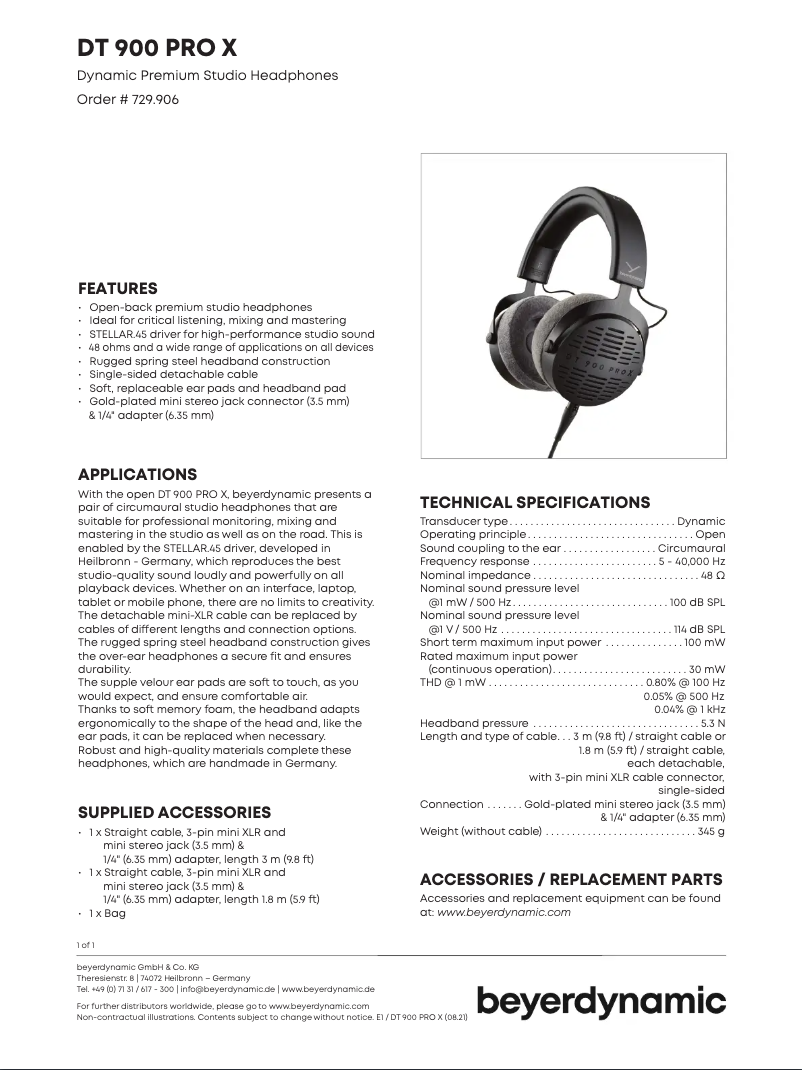 Page n°1 - Fiche technique Beyerdynamic DT 900 Pro X