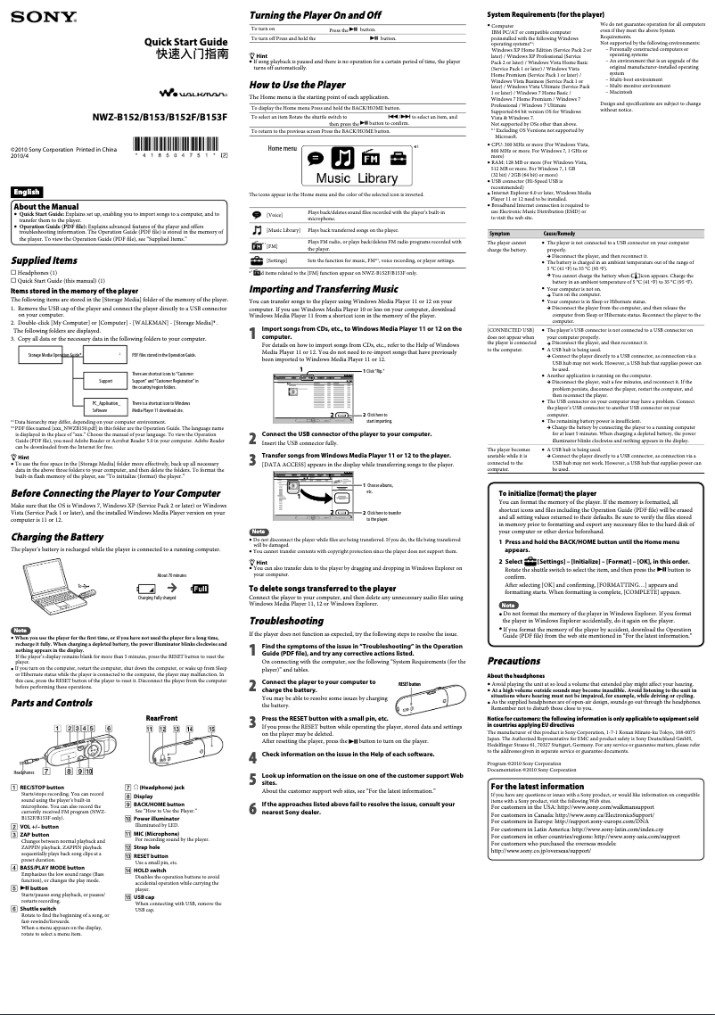 Page 1 de la notice Guide d'installation Sony NWZ-B153