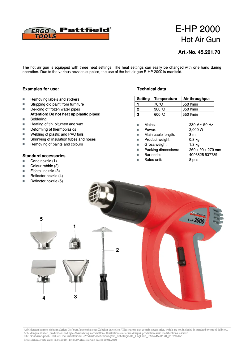 Page 1 de la notice Fiche technique Ergotools Pattfield E-HP 2000