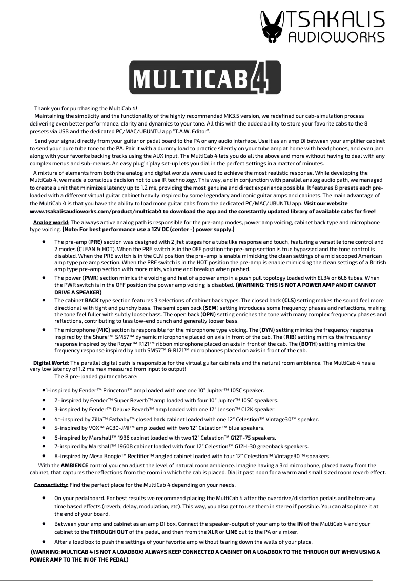 Page 1 de la notice Manuel utilisateur Tsakalis AudioWorks MultiCab MK4