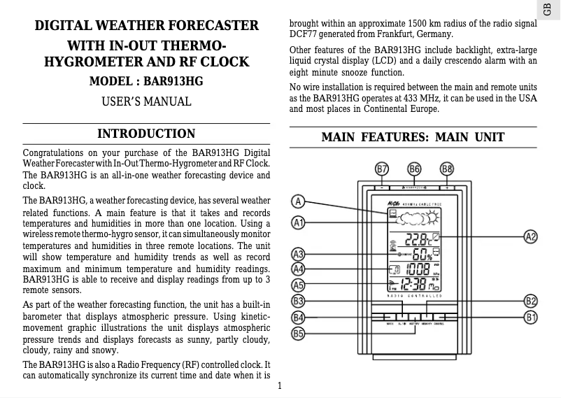 Image de la première page du manuel de l'appareil BAR913HG