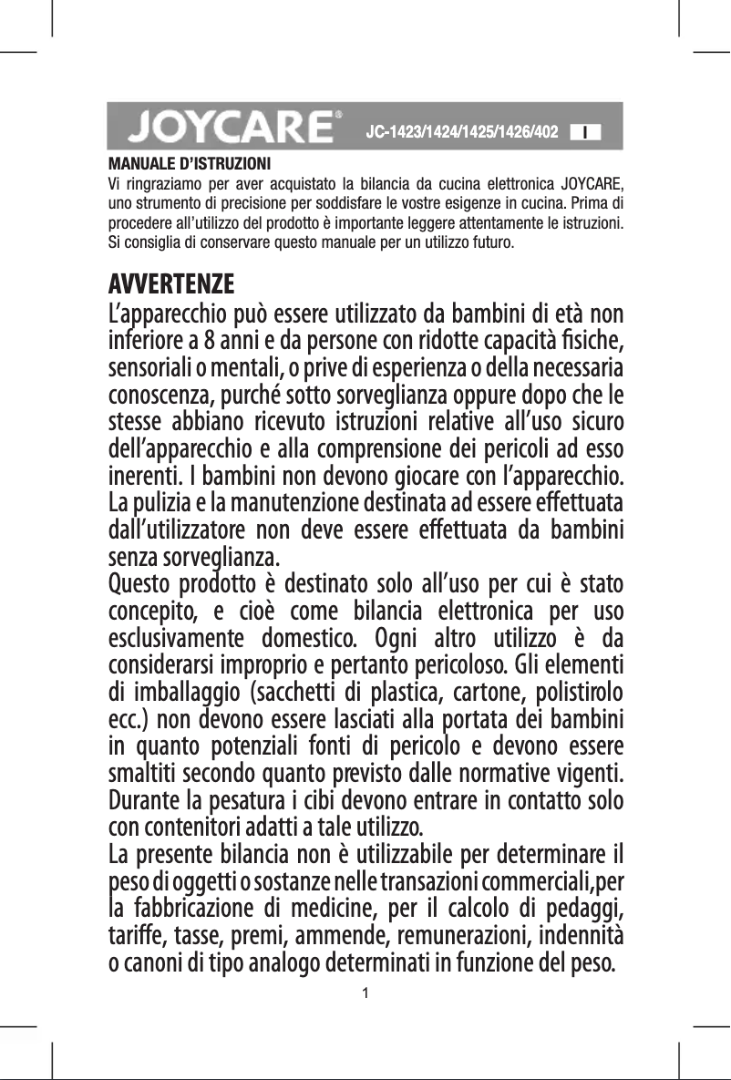 Page 1 de la notice Manuel utilisateur Joycare JC-1424