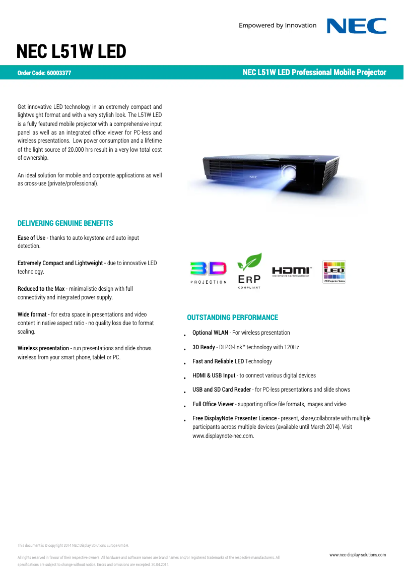 Page 1 de la notice Fiche technique NEC L51W