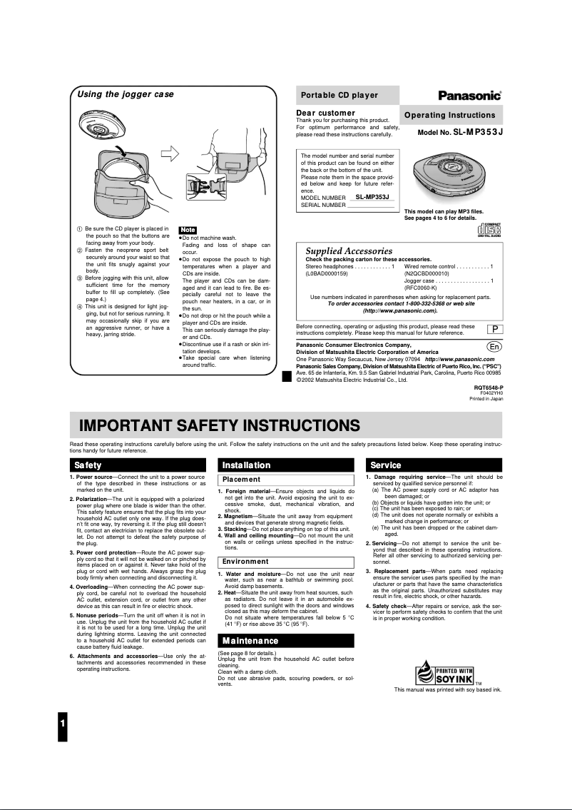 Page 1 de la notice Manuel utilisateur Panasonic SL-MP353J