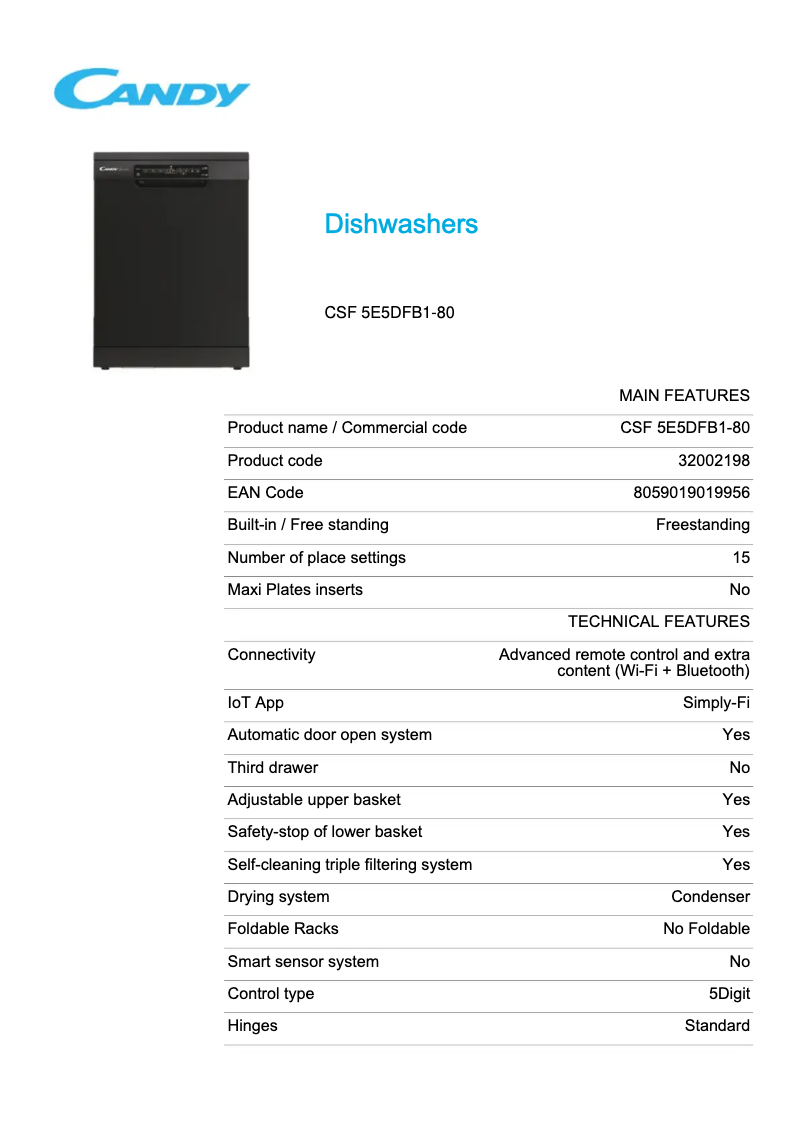 Page 1 de la notice Fiche technique Candy CSF 5E5DFB