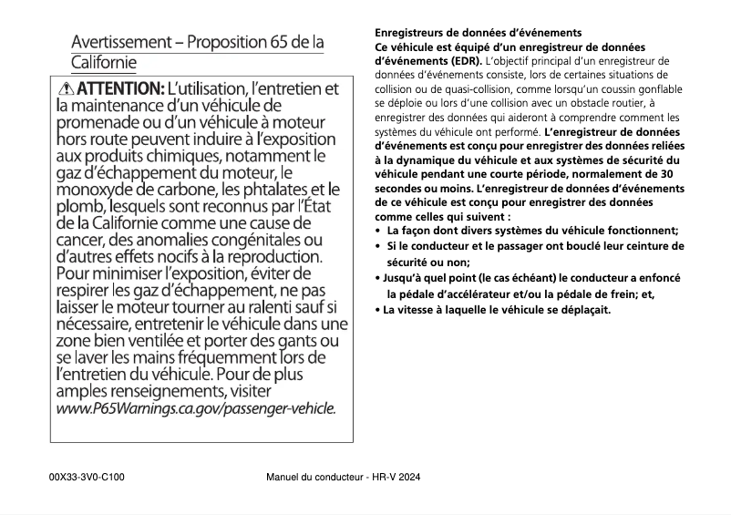 Page 1 de la notice Manuel utilisateur Honda HR-V (2024)