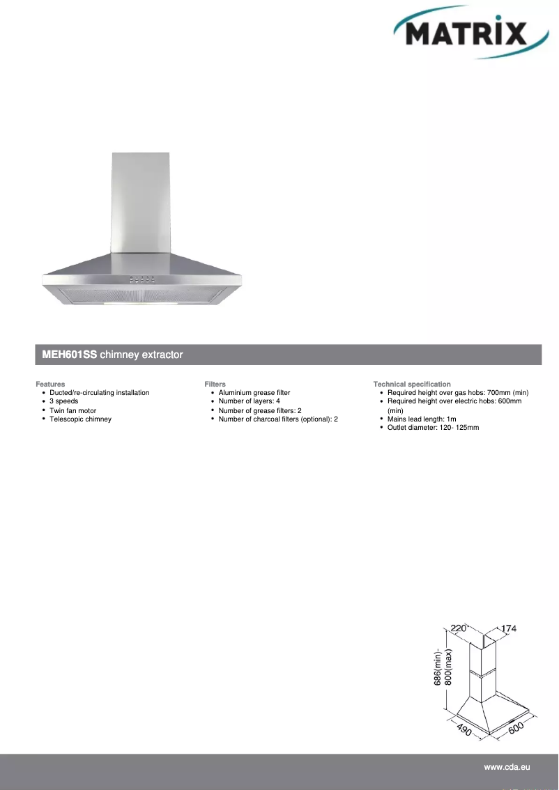 Page 1 de la notice Fiche technique Matrix MEH601SS