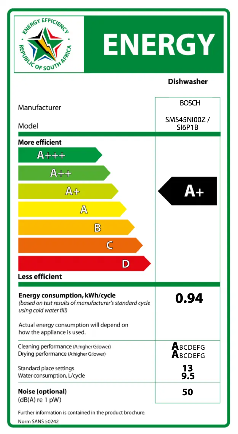 Page 1 de la notice Label énergétique Bosch SMS45NI00Z