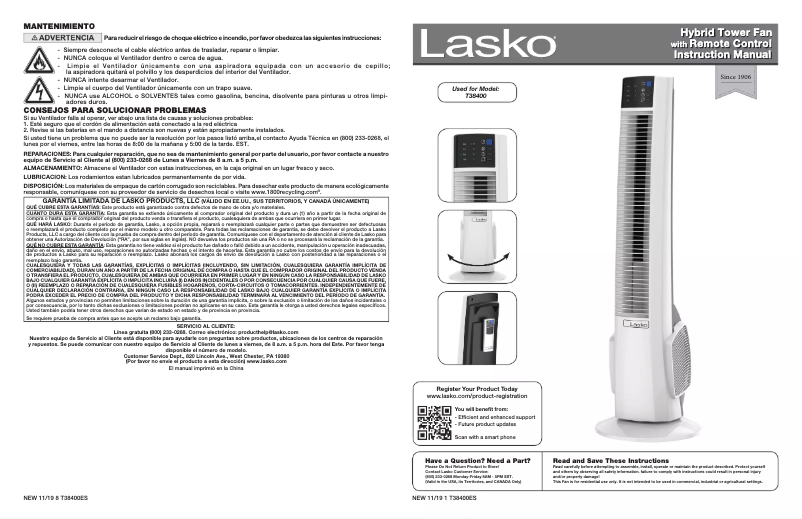 Page 1 de la notice Manuel d'utilisation et d'entretien Lasko T38400