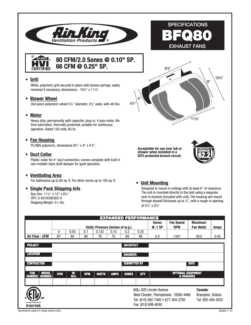 Page 1 de la notice Fiche technique Air King BFQ80