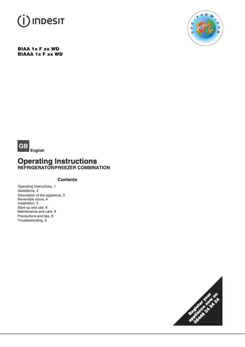 Page 1 de la notice Manuel utilisateur Indesit BIAA 13 F K WD (UK)