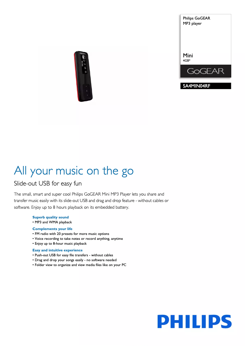 Page 1 de la notice Brochure Philips GoGEAR SA4MIN04