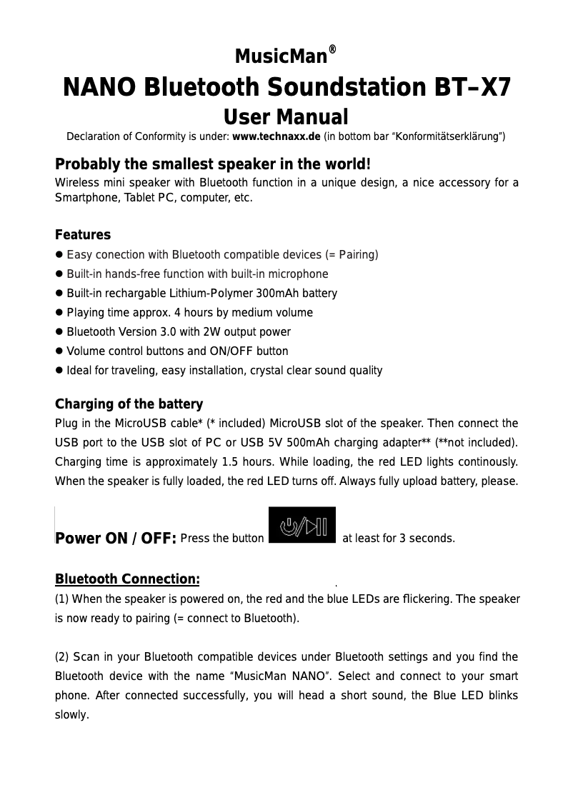 Page 1 of the manual User Manual Technaxx NANO Bluetooth Soundstation BT–X7