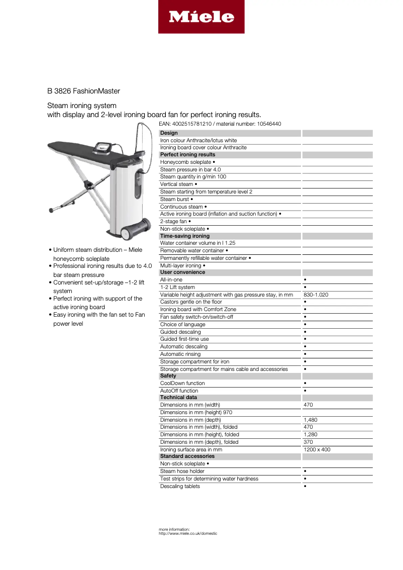 Page 1 of the manual Technical Sheet Miele FashionMaster B 3826