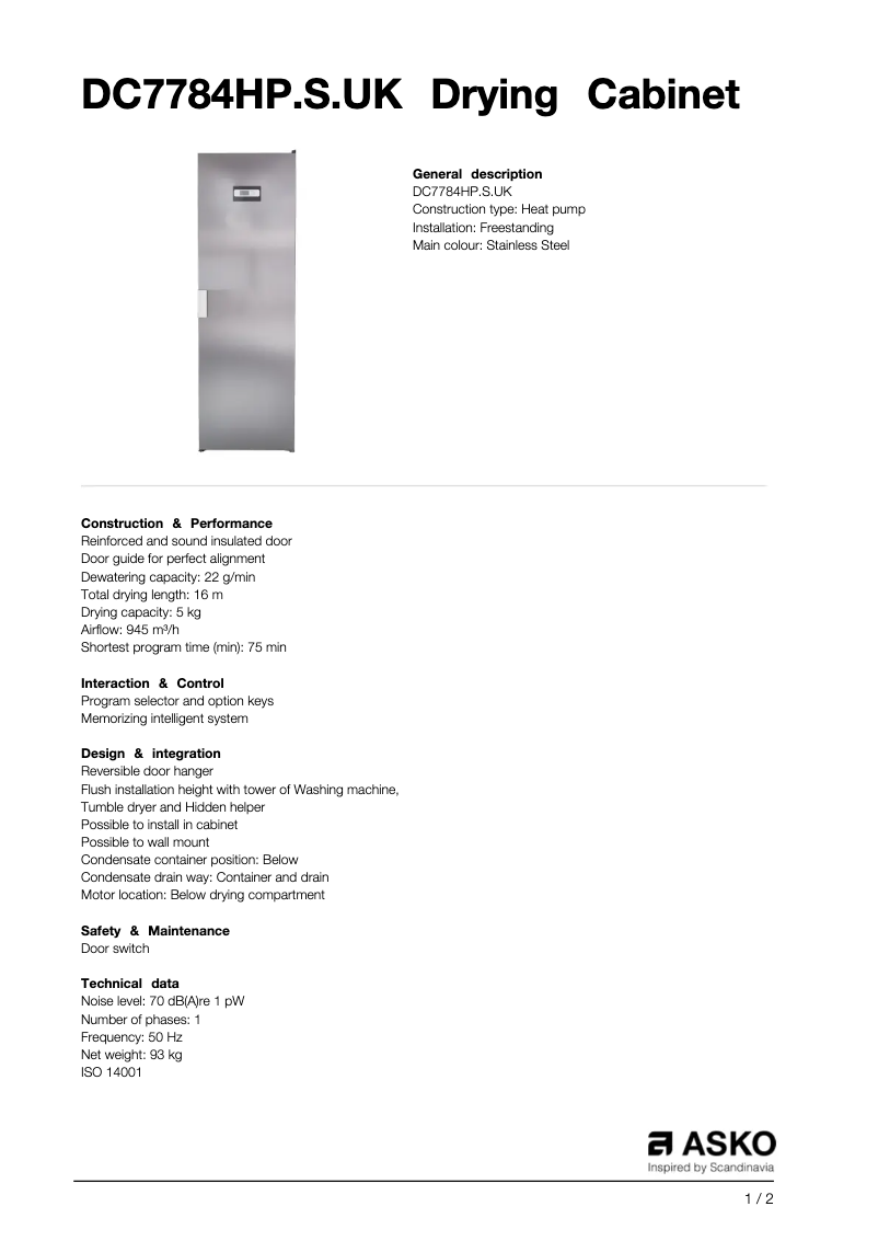 Page 1 de la notice Fiche technique Asko DC7784HP.S.UK