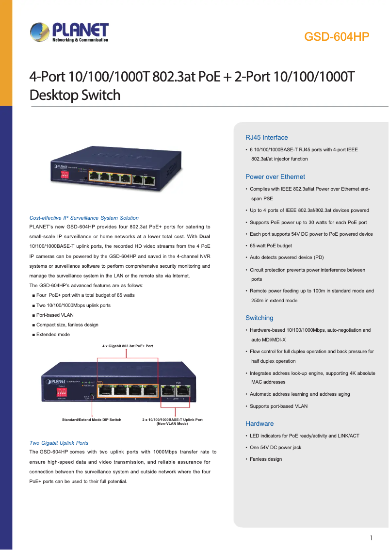 Page n°1 - Fiche technique Planet GSD-604HP