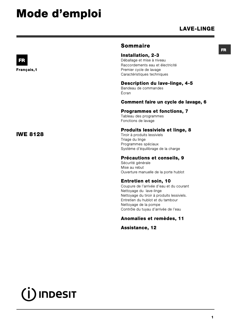 Página 1 del manual Manual de usuario Indesit IWE 8128 B (FR)