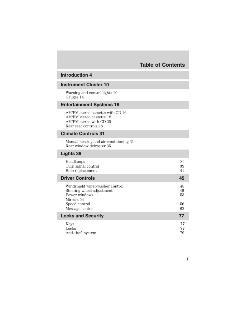 Page 1 de la notice Manuel utilisateur Ford Windstar (2003)