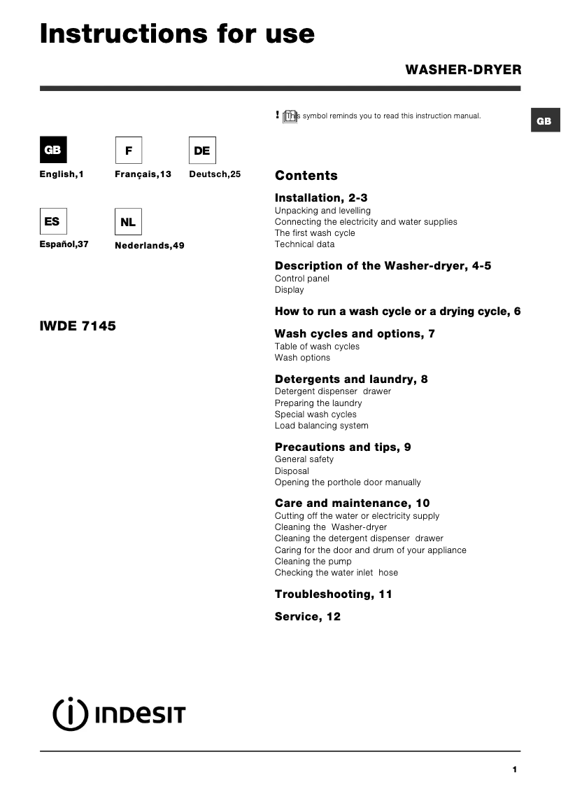 Page 1 de la notice Manuel utilisateur Indesit IWDE 7145 B