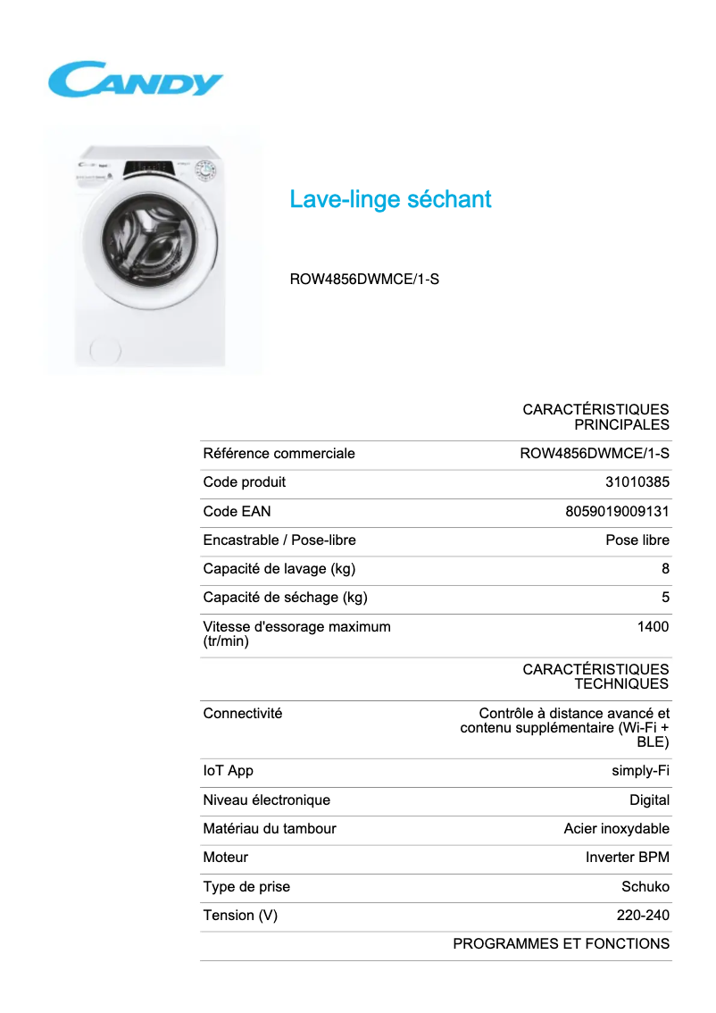 Page 1 de la notice Fiche technique Candy ROW4856DWMCE/1-S