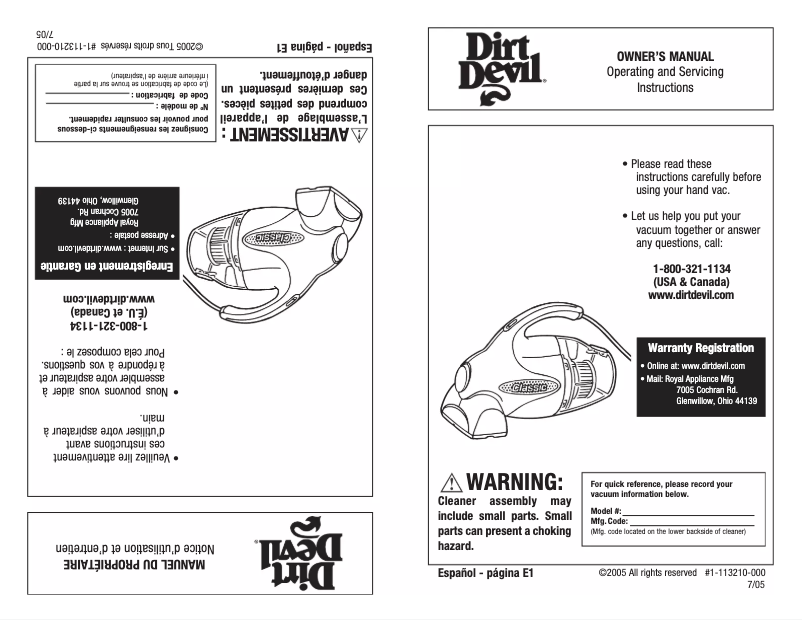 Page 1 de la notice Manuel utilisateur Dirt Devil Classic M0100