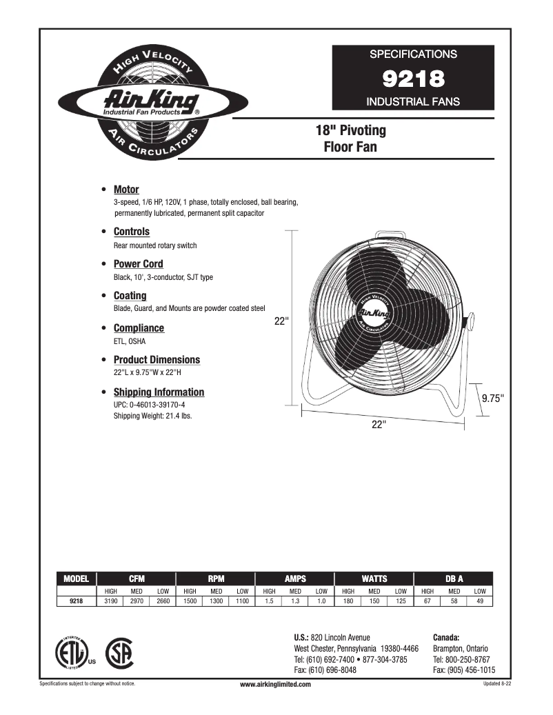 Page n°1 - Fiche technique Air King 9218