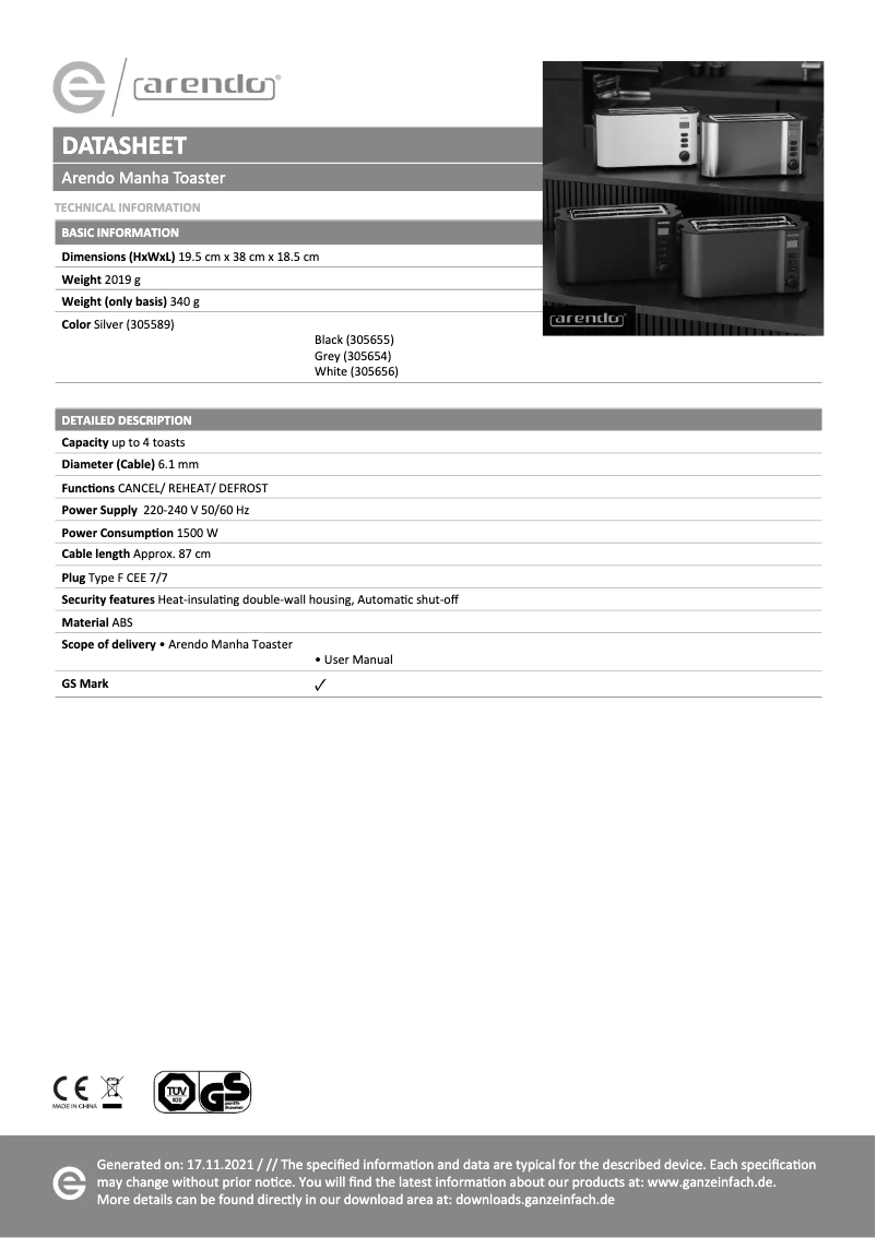 Page 1 de la notice Fiche technique Arendo Manha 305654
