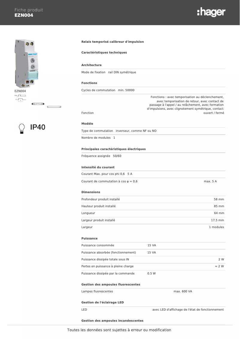 Page n°1 - Fiche technique Hager EZN004