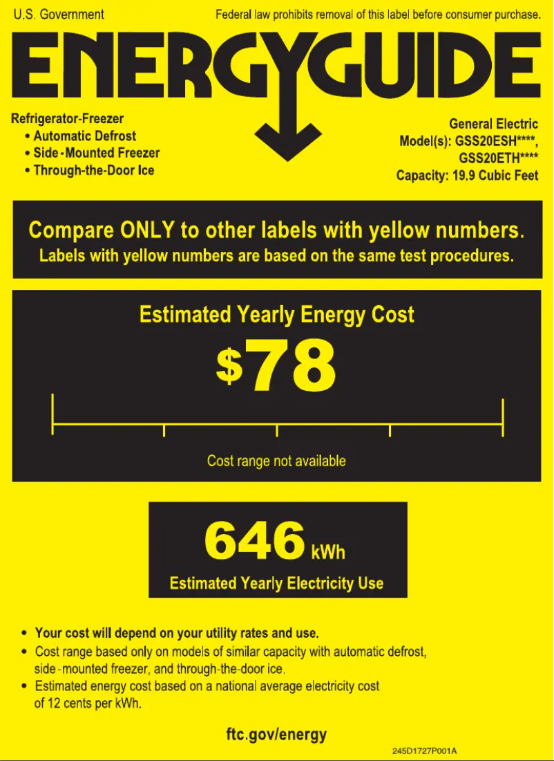 Page 1 de la notice Label énergétique GE GSS20ETHCC