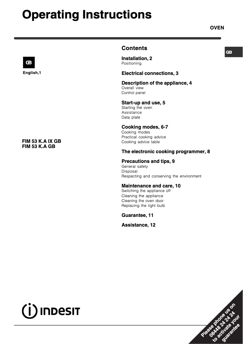 Page n°1 - Manuel utilisateur Indesit FIM 53 K.A (BK) GB
