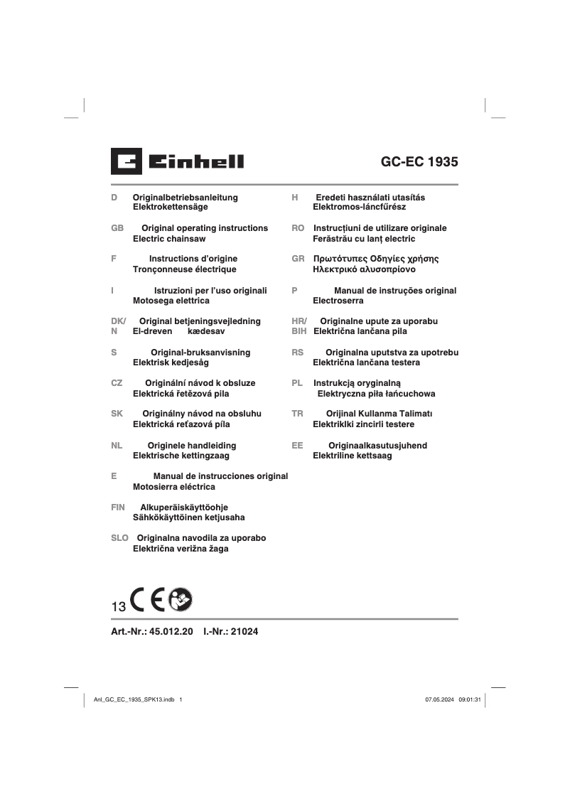 Page n°1 - Manuel utilisateur Einhell GC-EC 1935