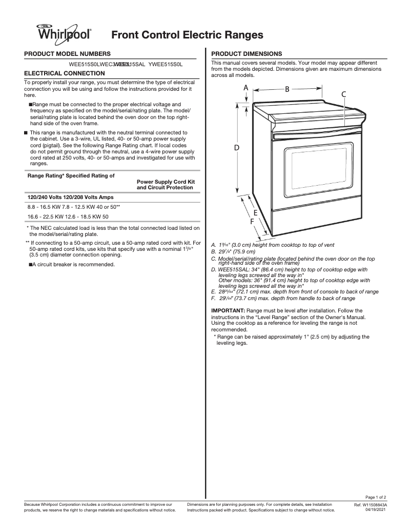 Page 1 de la notice Dessin technique Whirlpool WEC310S0LW