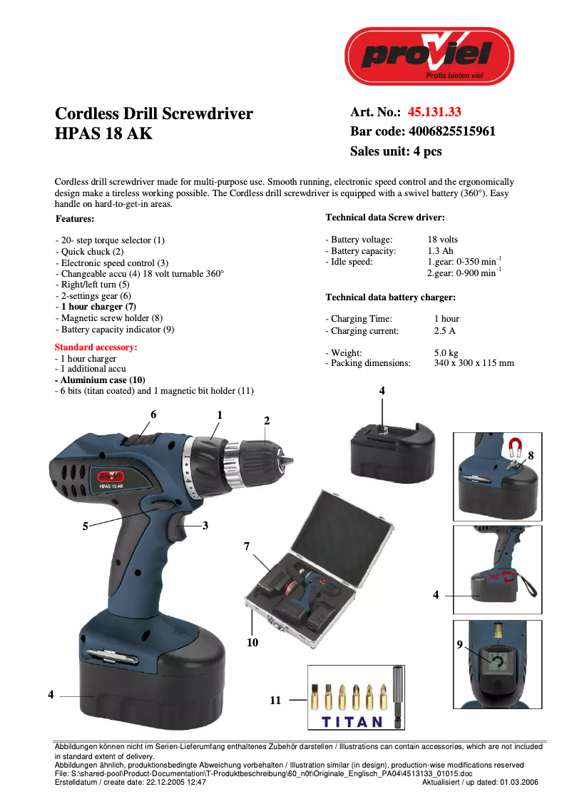 Page n°1 - Fiche technique Proviel HPAS 18 AK