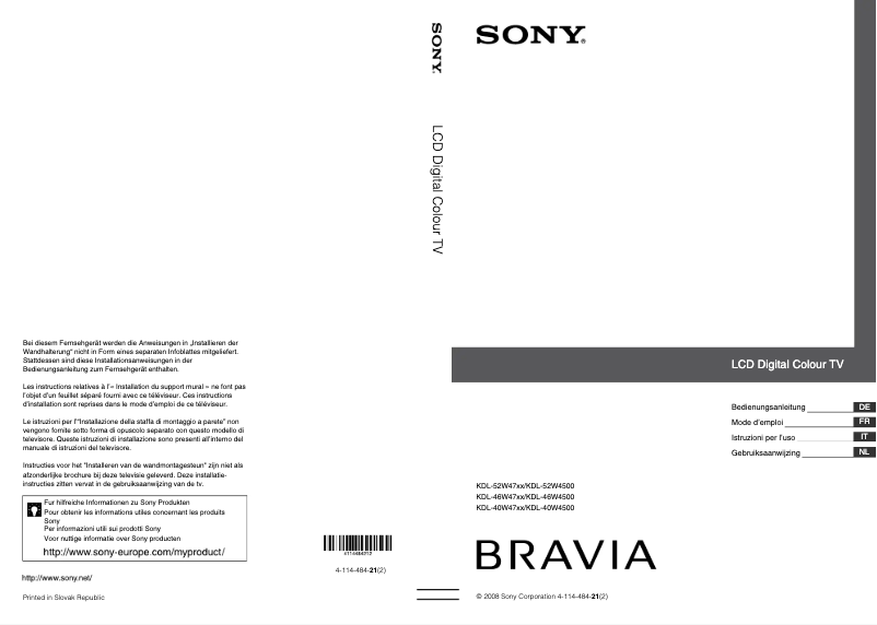 Page 1 de la notice Manuel utilisateur Sony Bravia KDL-40W4710