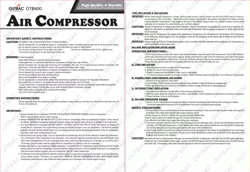 Page 1 de la notice Manuel utilisateur Outbac OTB400