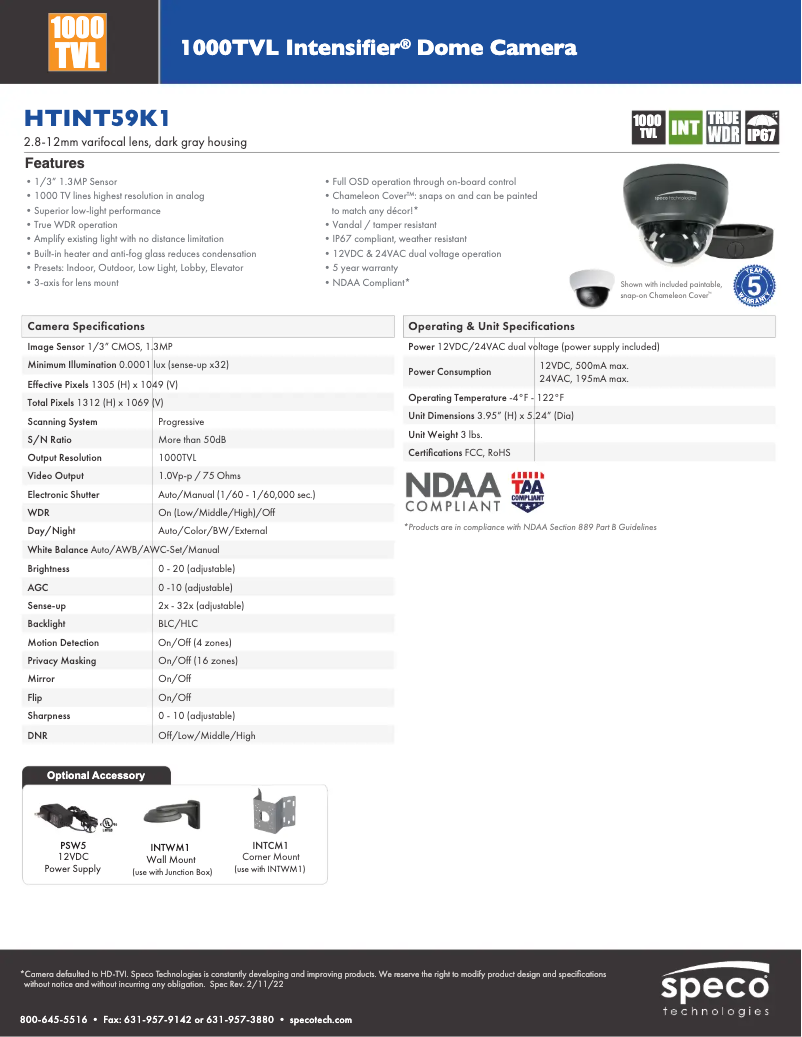 Page 1 de la notice Fiche technique Speco Technologies HTINT59K1